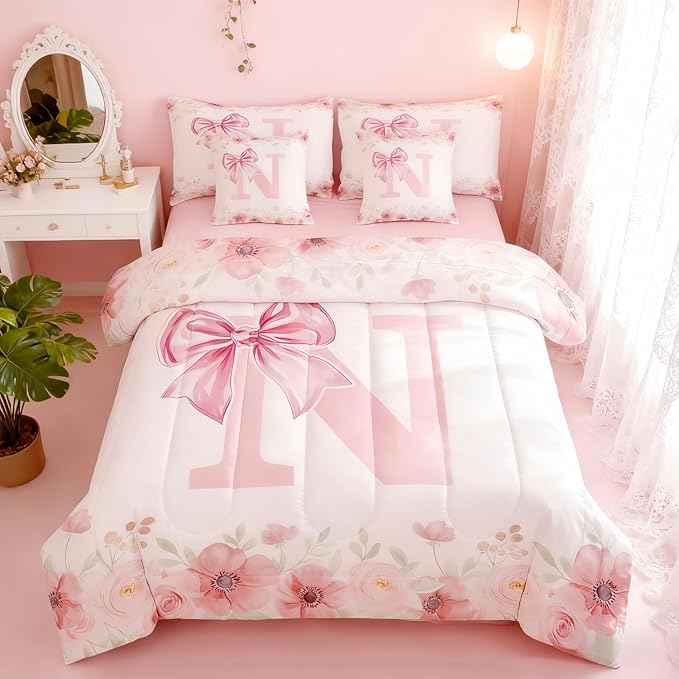 Erosebridal Initial Letter N Bed in A Bag King Size for Women Teen Girls Pink Alphabet Kids Bedding Sets Romantic Dreamy Bowknot Bed Set Bedroom Decor Spring Fresh Style Comforter Set with Sheets