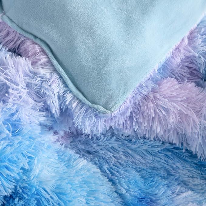 Wajade Faux Fur Plush Galaxy Blue Comforter Set Fluffy Fuzzy Shaggy Bedding Set - 3PC Full Size Microfiber Soft Warm Quilt Set