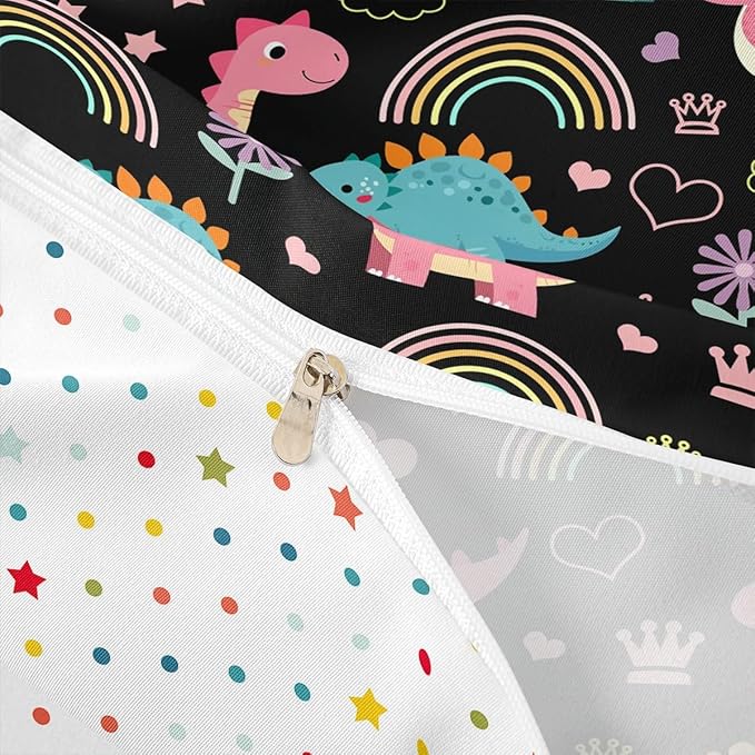 Lovely Dino Duvet Cover Set King Size,Cute Rainbow Floral Love Heart Reversible Comforter Cover with 2 Pillowcases,Pink Black Dinosaur Kawaii Animal Microfiber Quilt Cover Set (NO Comforter)