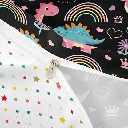 Lovely Dino Duvet Cover Set Full Size,Cute Rainbow Floral Love Heart Reversible Quilt Cover with 2 Pillowcases,Pink Black Dinosaur Kawaii Animal Breathable Bedding Set (NO Comforter), Soft