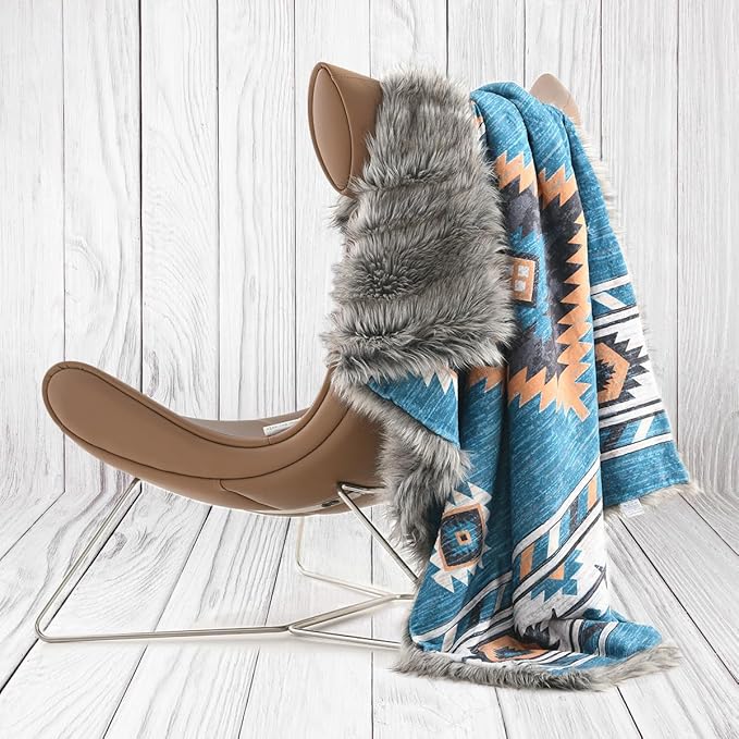 Luxury Plush Faux Fur Throw Blanket with Aztec Pattern, Super Warm, Fuzzy, Elegant, Fluffy Decoration Blanket for Couch, Armchair, Sofa and Bed, 50''x 60'', Teal