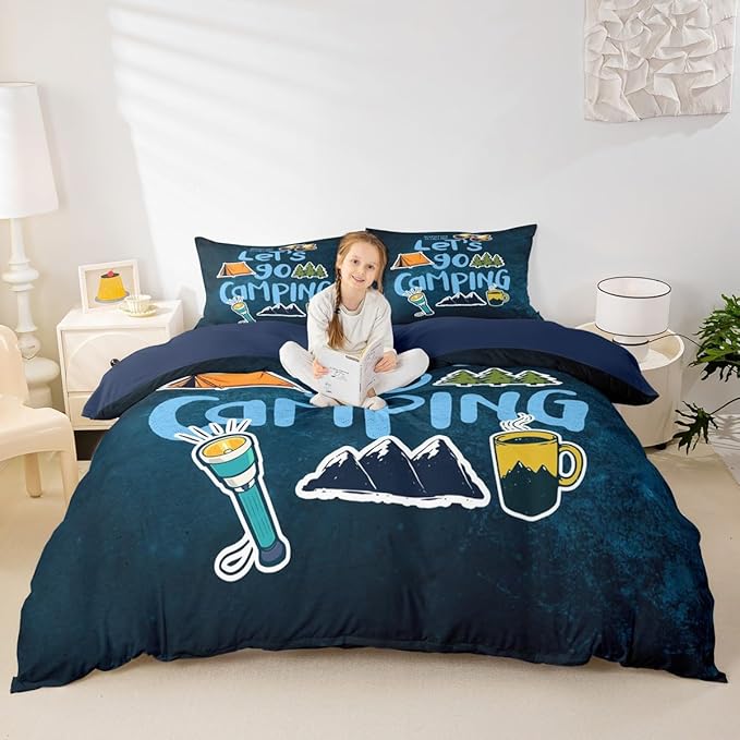 Happy Camping Comforter Cover Queen,Cartoon Camper Theme Duvet Cover Set Rustic Farmhouse Style Quilt Cover Navy Blue Bedding Set 3pcs for Kids Girls Teens Boys Room Decor with 2 Pillowcases