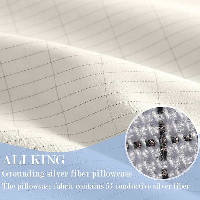 Ali King Grounding Pillowcase, 5% Conductive Silver + 95% Soft Cotton King Size Earth Grounding Pillow Cases with Grounding Cord for Improve Sleep (Beige, King (20x36inches))