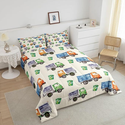 Erosebridal Garbage Trucks Comforter Set Queen 3Pcs Retro Watercolor Garbage and Trash Truck Bedding for Boys Girls Refuse Classification Trash Vehicles Duvet Set with 2 Pillow Cases