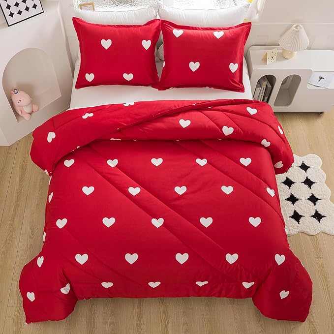 Caressma Love Comforter Set Twin Size - Cute White Heart Print Red Bedding Comforter with Matching Pillowshams