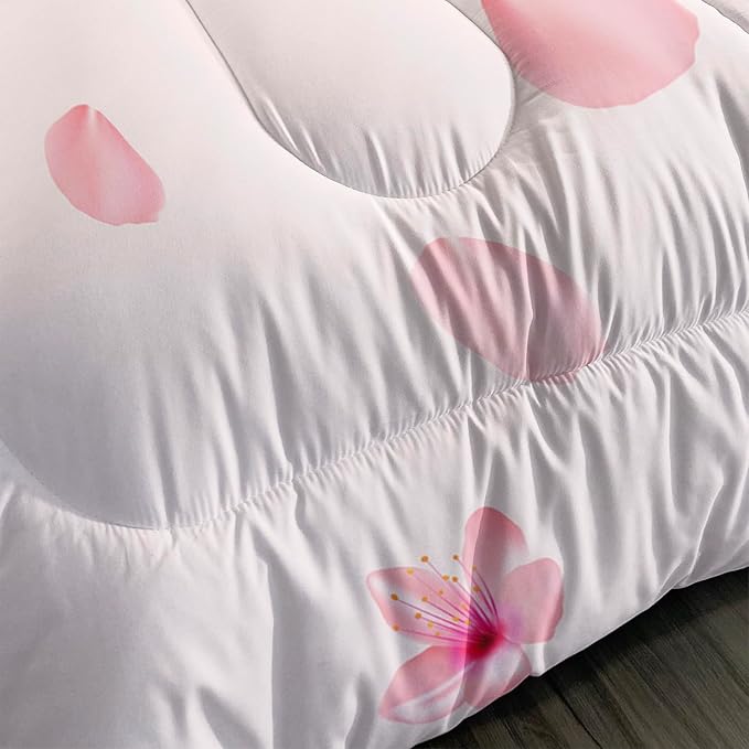 Cherry Blossoms Comforter Set Twin Size 3Pcs Romantic Theme Pink Bedding Set Girl Floral Down Quilt with 1 Comforter and 2 Pillowcases