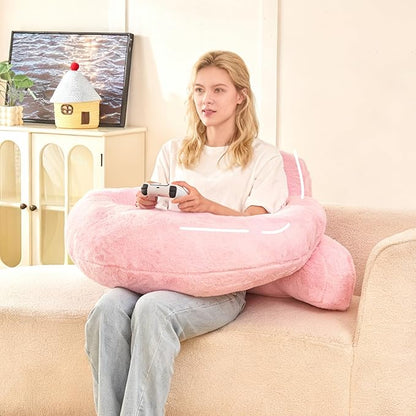 Reading Pillow for Bed,U Shaped & Back Support Pillow for Bed,19" Backrest with Lumbar & Arm Support,Luxurious Faux Rabbit Fur,Gaming PillowFor Crochet/Reading/Watching TV,Pink