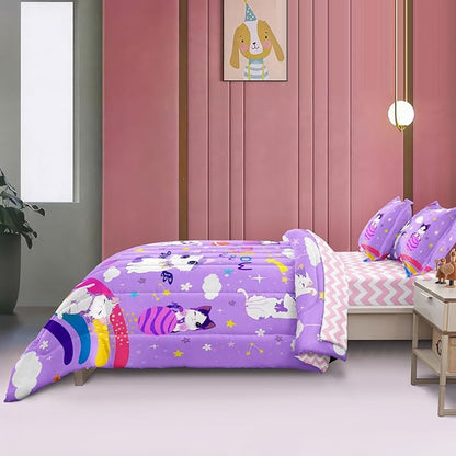Kids Bedding 5-Piece Cat Comforter Sets Twin Size, Purple Bedding Set for Teens Kids Girls Bed in a Bag Cute Room Decor