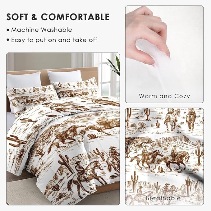 King Size Comforter Set with 2 Pillowcase, American Desert Cowboy Soft 3 Pcs Bedding for Kids and Adults, Western Vintage Horse Comforter Set for Room Bedroom Bed Decor