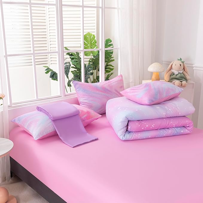 4Pcs Pink Comforter Set Full for Kids Girls, Pink Art Tie Dye Bedding Sets with Sheets, Bed in A Bag Full(1 Comforter, 1 Flat Sheet, 2 Pillowcases)