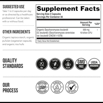 Organic Saccharomyces Boulardii - 10 Billion CFU - Clinically Validated CNCM I-1079 Probiotic Strain - Gut, Digestion & Healthy Bowel Support - First Organic Form of S. Boulardii Probiotic - 60 Count