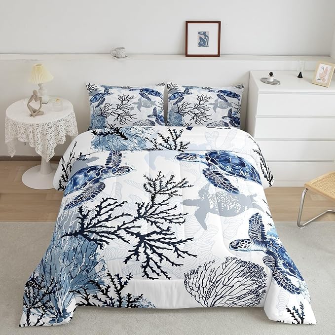 Sea Turtle Bedding Set King Size,Coral Comforter Set 3pcs for Kids Boys Girls Adults Room Decor,Ocean Creature Quilt Set White Navy Blue Microfiber Duvet Insert with 2 Pillowcases