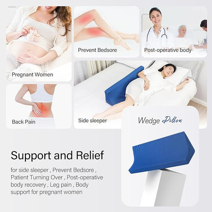 34.2in Bed Wedges & Body Positioners, 30 Degree Wedge Pillow for Side Sleeping/After Surgery, Triangle Foam Bed Wedge Pillow with Blue Machine Washable Cover, for Pregnancy, Back, Leg Pain Relief