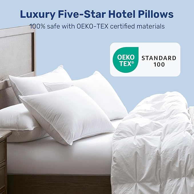 UNIKOME Ultra Soft Pillows Standard Size Set of 2 - Hotel Collection Luxury 100% Cotton Cover Down Alternative Bed Pillow, Fluffy Pillows for Back, Stomach or Side Sleepers