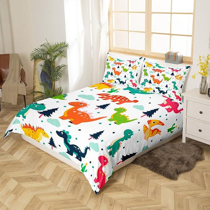 Cartoon Dino Kids Bedding Set King Size for Teens,Cute Dinosaur Watercolor Wild Animal Comforter Cover with 2 Pillowcases,Kawaii Dino Dots Pine Cloud Print Duvet Cover Set Microfiber Quilt Cover