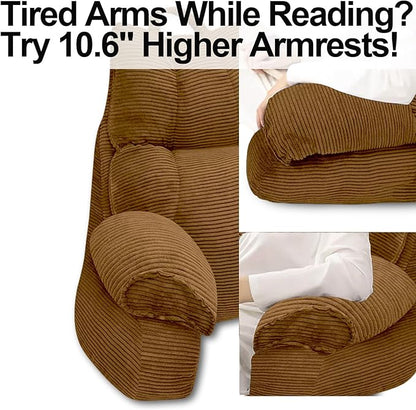 RRPAHWTV Reading Pillow for Bed with High Arm Rests,Back Support Pillow for Sitting Up in Bed with Shredded Memory Foam for Reading, TV, Gaming or Relaxing on Floor（Brown，Large）