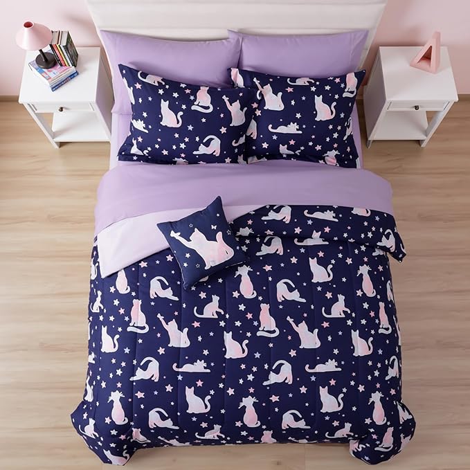 Full Size Comforter Set for Girls-4 Pieces Cat Patterns Full Bedding Set with 1 Comforter, 1 Decor Pillow &2 Pillow Shams