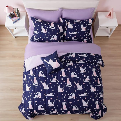 Full Size Comforter Set for Girls-4 Pieces Cat Patterns Full Bedding Set with 1 Comforter, 1 Decor Pillow &2 Pillow Shams