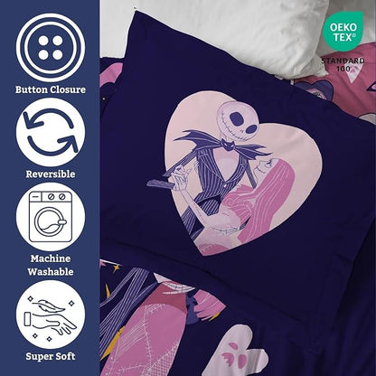 Jay Franco Duvet Cover Set – 3 Piece Comforter Cover and Sham Set, Super Soft Cozy Kids Bedding (Insert Not Included) Purple - Nightmare Before Christmas, Full