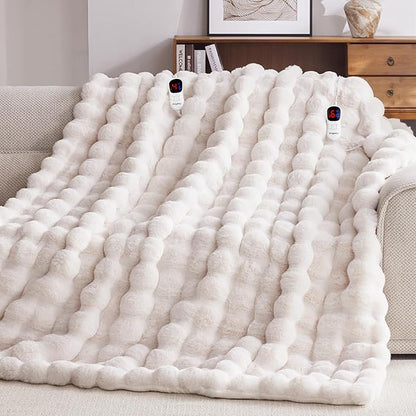 Heated Blanket King Size with 1/2/4/6/8 Hours Auto-Off 10 Heat Level, 91'' * 101'' Cozy Faux Rabbit Fur Bubble Electric Blanket with Overheat Protection(White)