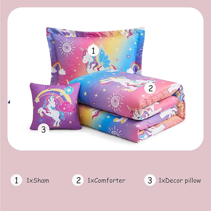 Twin Comforter Set for Girls -3 Pieces Rainbow Unicorn Twin/Twin XL Bedding Set with 1 Comforter, 1 Decor Pillow, 1 Pillow Sham