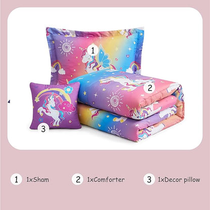 Twin Comforter Set for Girls -3 Pieces Rainbow Unicorn Twin/Twin XL Bedding Set with 1 Comforter, 1 Decor Pillow, 1 Pillow Sham