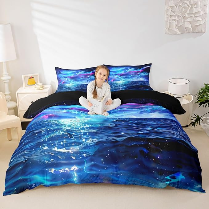 Castle Fairy 3D Whale Blue Galaxy Duvet Cover Set Twin Size, Starry Stars Universe Nebula Comforter Cover for Kids Boys Bedroom, Ocean Theme Sea Creatures Bedding Sets with 1 Pillow Sham, Dark Night