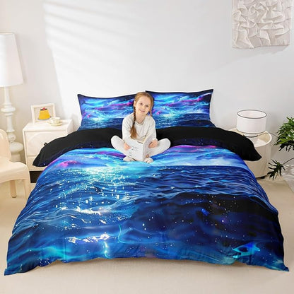 Blue Sea and Galaxy Comforter Cover Full Size, 3D Whale Ocean Creatures and Space Starry Shiny Mysterious Nebula Duvet Cover with 2 Pillowcases, Ultra Soft Bedding Sets for Girls Teens Gift