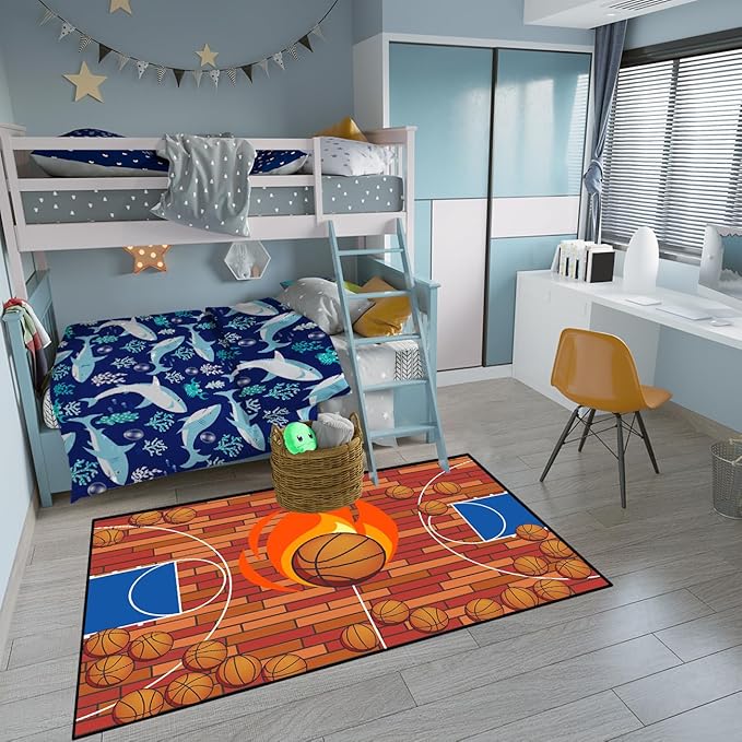 Basketball Court Rug - Basketball Rug for Boys Bedroom, Sports Decor for Boys Bedroom Kids Carpet, Sports Themed Carpets for Playroom Living Room Floor Mat or Door mat, 4.5x6 Feet