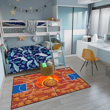 Basketball Court Rug - Basketball Rug for Boys Bedroom, Sports Decor for Boys Bedroom Kids Carpet, Sports Themed Carpets for Playroom Living Room Floor Mat or Door mat, 4x5 Feet