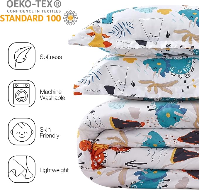 JSD Dinosaur Kids Comforter Set for Boys Girls, 3 Piece Full Microfiber Comforter with Pillow Sham, Lightweight All Season Washable