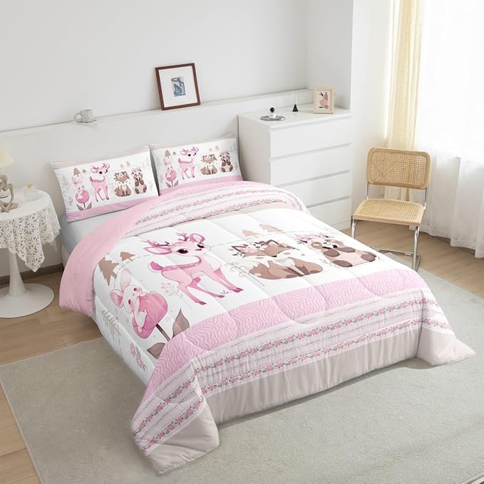 jejeloiu Cute Pink Deer Bedding Set King Size Kawaii Forest Animal Comforter Set for Kids Girls Pink Flower Stripe Duvet Set Rabbit Quilt Set 3Pcs