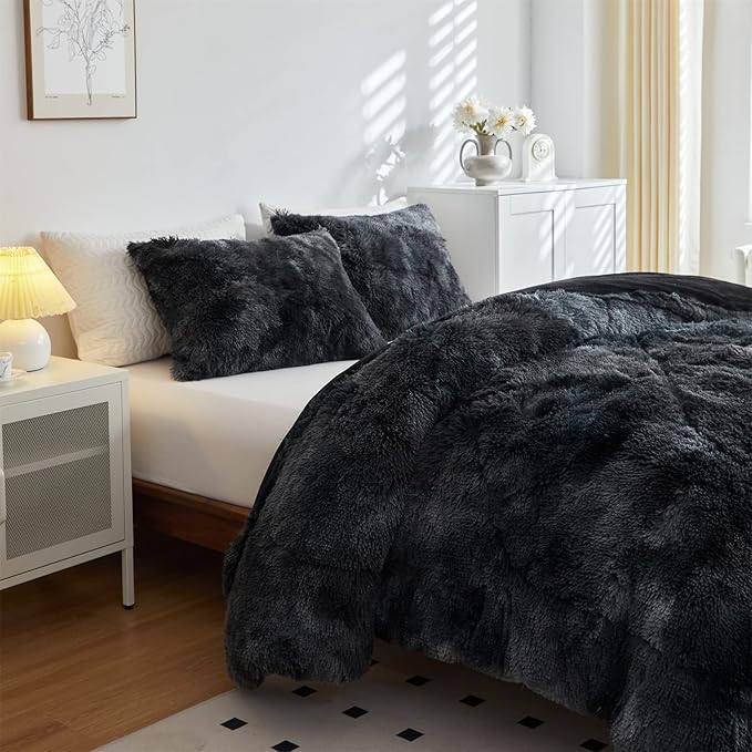 Wajade Faux Fur Plush Black Comforter Set Fluffy Fuzzy Shaggy Bedding Set - 3PC King Size Microfiber Soft Warm Quilt Set