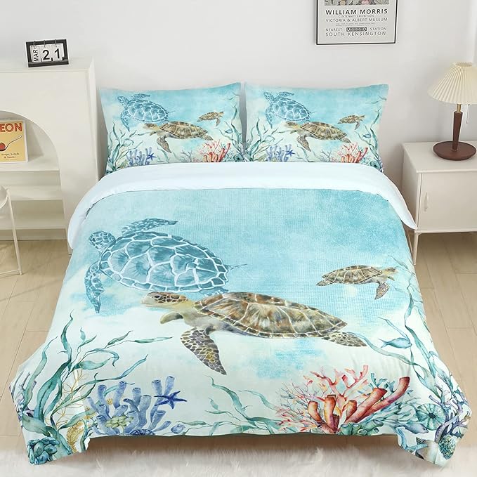 CVHOUSE Sea Turtle Duvet Cover Twin Size,Ocean Watercolor Bedding Set for Kids Teens,Beach Comforter Cover,1 2 Pillowcases 3 Piece Twin 71'x87'