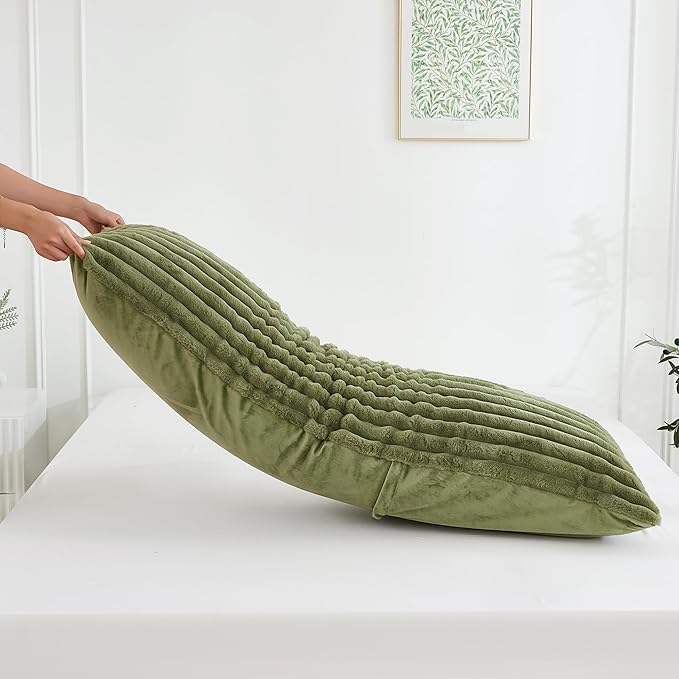 Full Body Pillow with Fluffy Stripe Faux Fur Removable Cover, Long Bed Pillow Adult 20x54 Inches for Side Sleeper and Pregnancy, Sage.