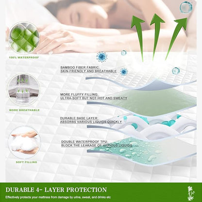 UNILIBRA Twin Mattress Pad Waterproof Rayon Made from Bamboo, Fitted Deep Pocket Mattress Cover fits 6''-19'', Breathable Quilted Mattress Protector, White