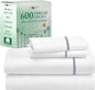California Design Den Queen Size Sheet Set - 100% Cotton, 600 Thread Count, Deep Pocket Queen Sheets, Premium-Feel Bedding with Sateen Weave - White Embroidered Navy