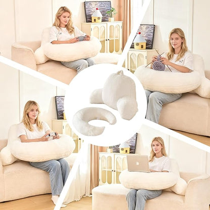Reading Pillow for Bed,U Shaped & Back Support Pillow for Bed,19" Backrest with Lumbar & Arm Support,Luxurious Faux Rabbit Fur,Gaming PillowFor Crochet/Reading/Watching TV,White