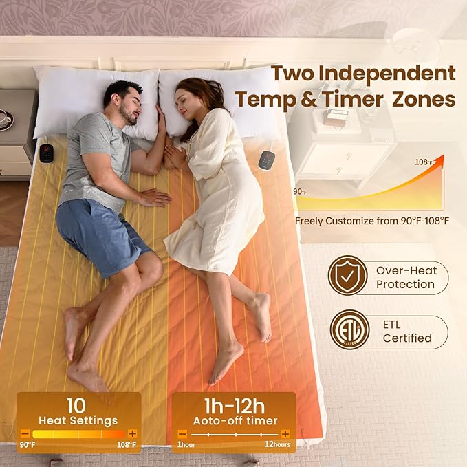 Bearhug Electric Heated Mattress Pads King Size Dual Controllers 78”×80” Waterproof Bed Warmer 21” Deep Pocket 10 Heat Settings 12-Hour Timer Machine Washable White