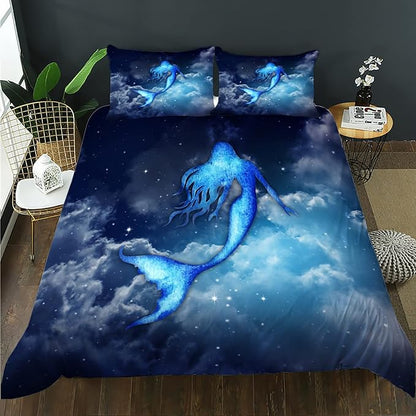 CVHOUSE Mermaid Duvet Cover Queen Size,Sky Cloud Bedding Set for Girls Kids Teens,Mermaid Comforter Cover,1 2 Pillowcases 3 Piece Queen 89'x89'