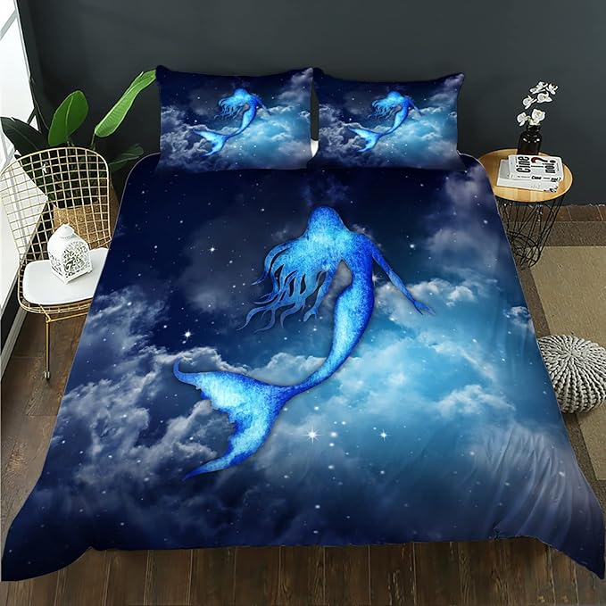 CVHOUSE Mermaid Duvet Cover King Size, Sky Cloud Mermaid Bedding Set for Girls, Kids & Teens - 1 Duvet Cover, 2 Pillowcases, 3 Piece