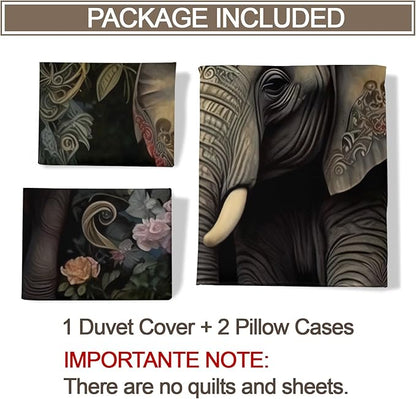 Elephant Duvet Cover King Size, Retro Tropical Elephant Bedding Set 3 Piece Bedroom Decor Boho Jungle Comforter Cover and 2 Pillow Sham with Zipper Closure