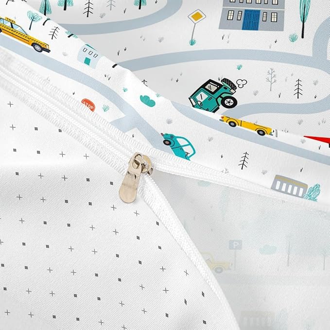 Cartoon Truck Duvet Cover Queen Size,Boys Road Traffic Themed Comforter Cover Car Vehicle Transport Bedding Set 3pcs for Kids Teens Room Decor,Watercolor Tree White Quilt Cover,2 Pillowcases
