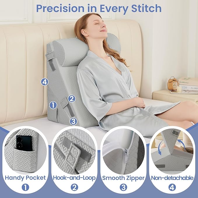 Sasttie Wedge Pillow Set for After Surgery, 2PCS Adjustable Bed Wedge Pillow Headboard with Memory Foam Neck Cushion – for Acid Reflux, Sleeping, Neck & Back Support, Light Grey