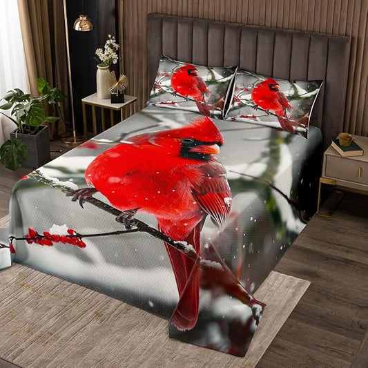 Erosebridal Boys Cardinals Bedspread Twin Size,Red Sparrows Coverlet Set Michigan Birds Bedding Set Winter Snowflake Quilt Set Finches Bedroom Decor for Child Youth Man