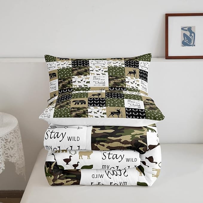 Feelyou Deer Print Comforter Soft Quilt for Girls, Bear Camouflage Bedding Set Kids Deer Hunting Arrow Grid Plaid Comforter Set Decor,Green Collection 3Pcs Queen Size Boys