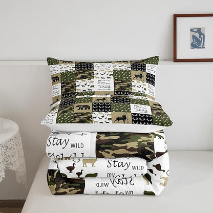 Feelyou Deer Print Comforter Soft Quilt for Girls, Bear Camouflage Bedding Set Kids Deer Hunting Arrow Grid Plaid Comforter Set Decor,Green Collection 3Pcs King Size Boys