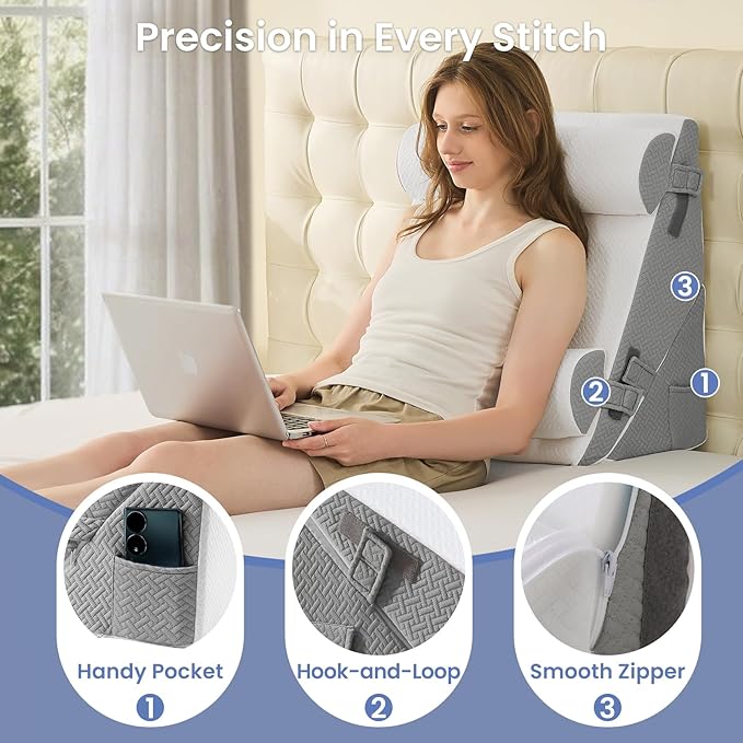 Sasttie Wedge Pillow Set for After Surgery, 3PCS Adjustable Bed Wedge Pillow Headboard with Memory Foam Neck Cushion – for Acid Reflux, Sleeping, Neck & Back Support, Dark Grey & White