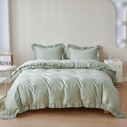 Simple&Opulence Kids 100% Organic Cotton Full Duvet Cover Ruffle 3Pcs(1 Comforter Cover 2 Pillowcases) Cute Lace Vintage Boho Shabby Chic Farmhouse Bedding Set Teen Girls(Sage Green, Full)