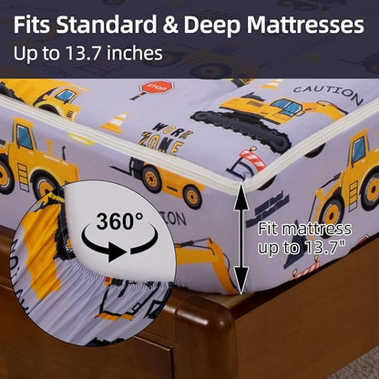 Holawakaka Kids Zipper Bedding Construction Comforter Set, Boys Twin Size Trucks Excavator Tractor Print Zippered Bed Sets,Toddler-boy Child Dorm Zip Bedding